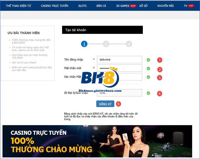 Giao diện biểu mẫu đăng ký BK8